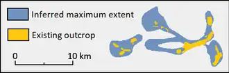 Diagramm mit der Lage von Gesteinsaufschlüssen und der geschätzten maximalen Ausdehnung einer geologischen Formation