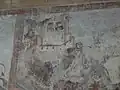 Darstellung einer Burg im gotischen Fresko der zugehörigen, gleichzeitigen Kirche. Es ist nicht gesichert ob die Burg Linsen abgebildet ist.