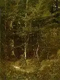 Karl Bodmer: Waldlandschaft mit Reh hinter einem Baum. Öl auf Platte, 33 × 24 cm