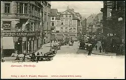 Blick um 1898 durch die Osterstraße auf das Kaufhaus von M. Molling & Co.; Ansichtskarte Nr. 61 von Karl F. Wunder, Lichtdruck von Knackstedt & Näther, Scan ermöglicht durch Heralde Schmitt-Ulms