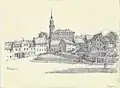 Stadtkirche Radeberg und Alte Schule 1931. Bleistift-Zeichnung