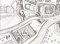 Lusthaus Moritzaue (heute Karlsaue) mit Umfassungsmauer und vier Türmen in der Moritzaue mitten im Renaissancepark Kassel, Merian um 1653
