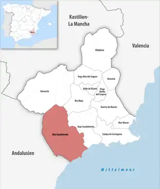 Die Lage der Comarca Alto Guadalentín in der autonomen&nbsp;Gemeinschaft&nbsp;Murcia