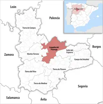Die Lage der Comarca Campiña del Pisuerga in der Provinz Valladolid