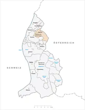 Lage der Gemeinde Mauren (Liechtenstein) im Fürstentum Liechtenstein (anklickbare Karte)
