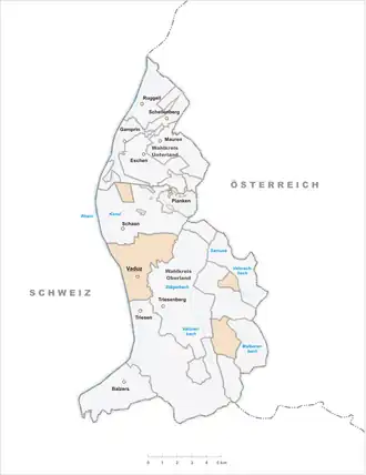 Lage der Gemeinde Vaduz im Fürstentum Liechtenstein (anklickbare Karte)