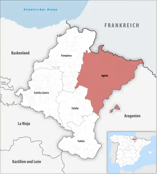 Die Lage des Gerichtsbezirk Agoitz in der autonomen&nbsp;Gemeinschaft&nbsp;Navarra