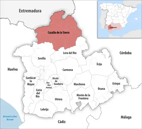 Die Lage des Gerichtsbezirk Cazalla de la Sierra in der Provinz&nbsp;Sevilla