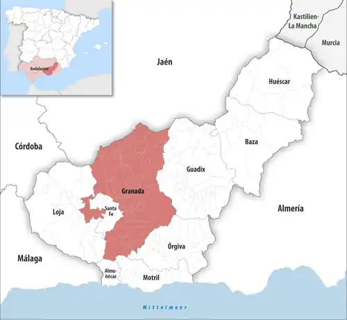 Die Lage des Gerichtsbezirk Granada in der Provinz&nbsp;Granada