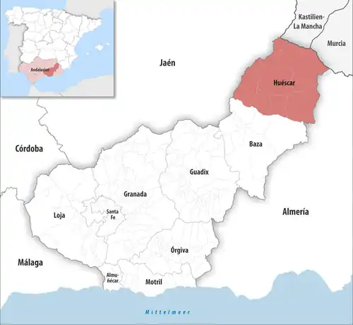 Die Lage des Gerichtsbezirk Huéscar in der Provinz&nbsp;Granada