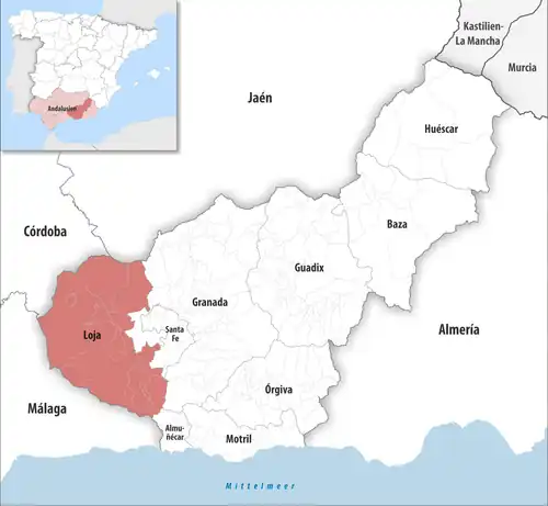 Die Lage des Gerichtsbezirk Loja in der Provinz&nbsp;Granada