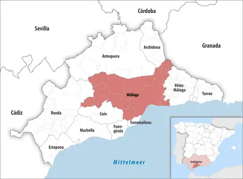 Die Lage des Gerichtsbezirk Málaga in der Provinz&nbsp;Málaga
