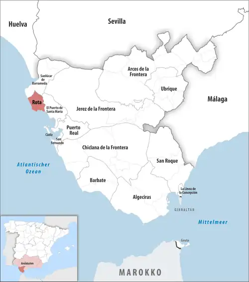 Die Lage des Gerichtsbezirk Rota in der Provinz&nbsp;Cádiz
