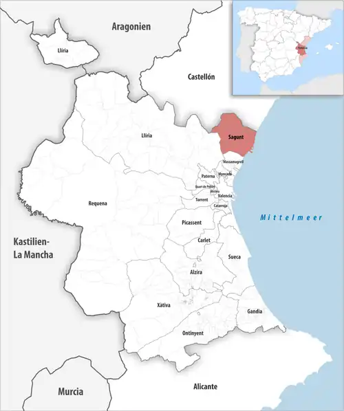 Die Lage des Gerichtsbezirk Sagunt in der Provinz&nbsp;Valencia