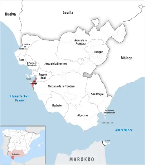 Die Lage des Gerichtsbezirk San Fernando in der Provinz Cádiz