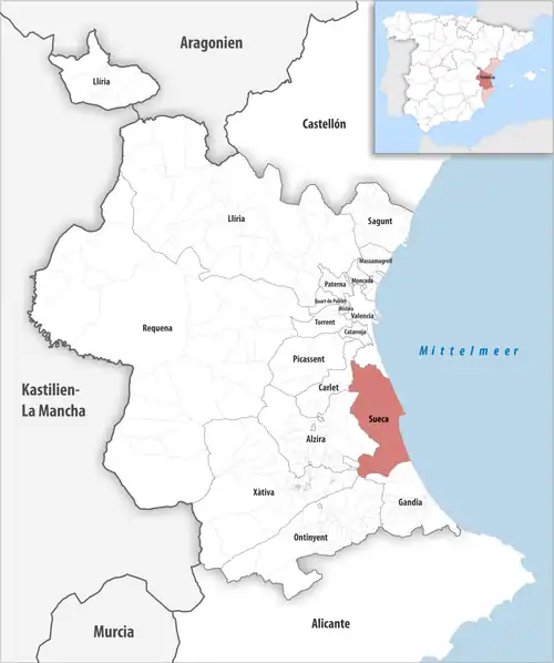 Die Lage des Gerichtsbezirk Sueca in der Provinz&nbsp;Valencia