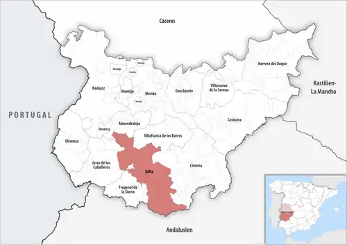 Die Lage des Gerichtsbezirk Zafra in der Provinz&nbsp;Badajoz