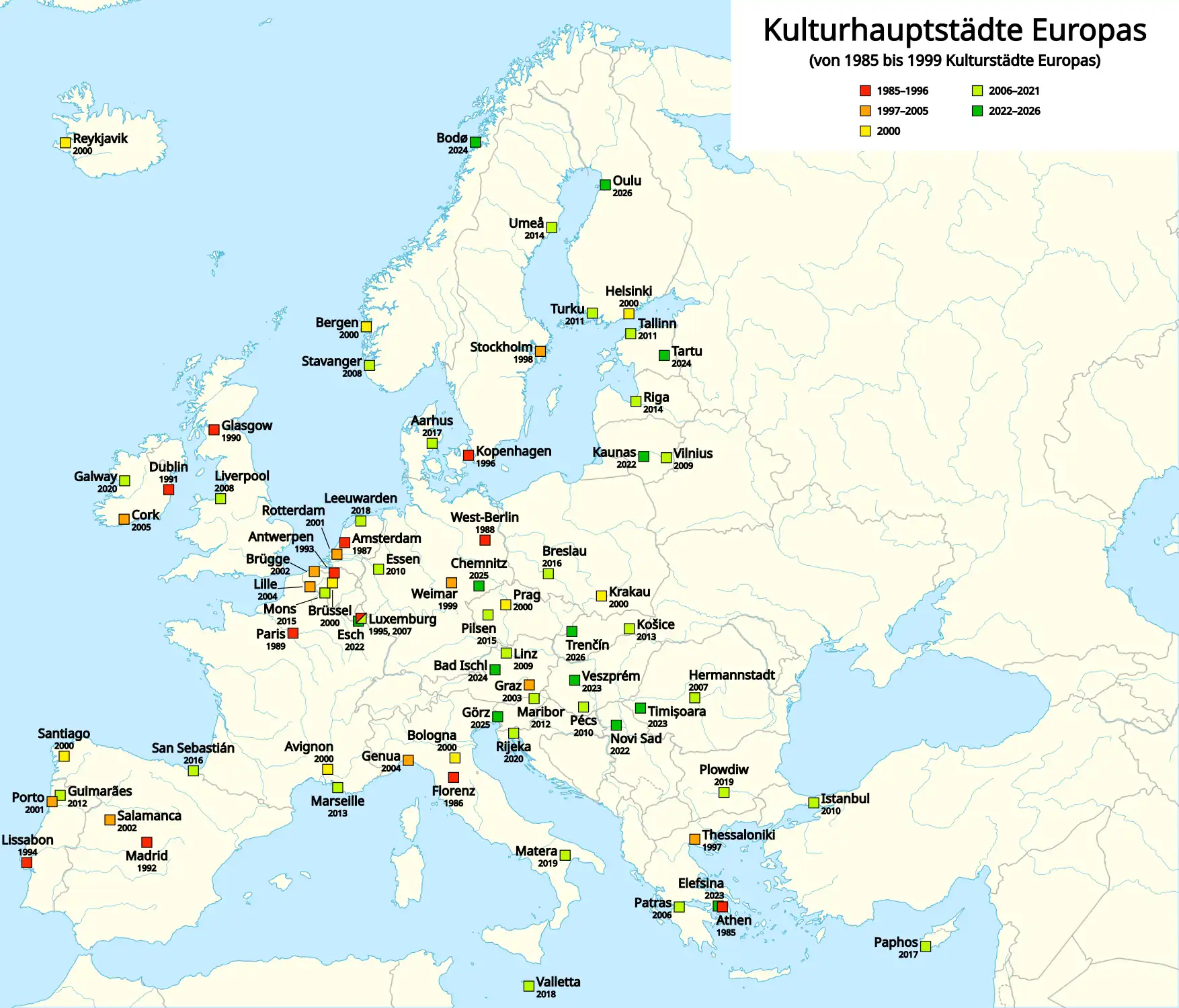 Karte der Kulturhauptstädte Europas (Stand 2026)