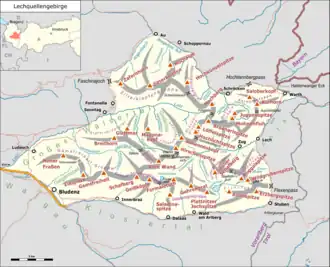 Lage des Lechquellengebirges (gelb hervorgehoben) innerhalb der Ostalpen