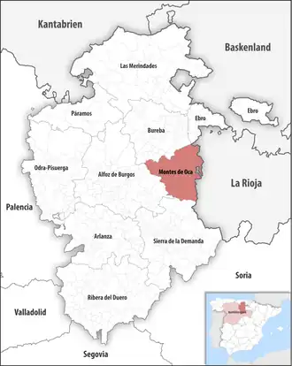 Die Lage der Comarca Montes de Oca in der Provinz Burgos