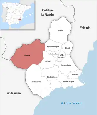 Die Lage der Comarca Noroeste in der autonomen&nbsp;Gemeinschaft&nbsp;Murcia