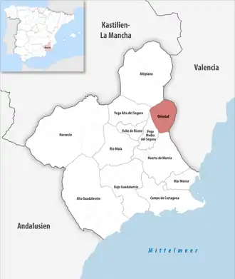 Die Lage der Comarca Oriental in der autonomen&nbsp;Gemeinschaft&nbsp;Murcia