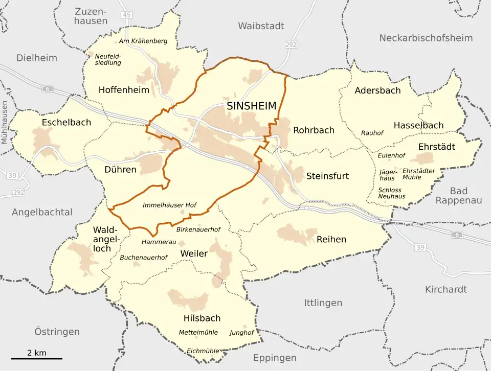 Stadtgliederung von Sinsheim:Kernstadt (rot umrandet) und Stadtteile (Gemarkungen)