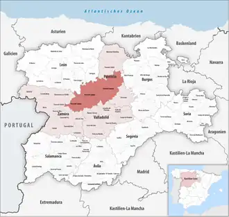 Die Lage der Comarca Tierra de Campos in der autonomen Gemeinschaft Kastilien und León