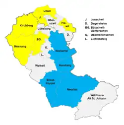 Konfessionsmehrheiten (2013): &nbsp; ● &nbsp;blau: mehr als 60 % ev.-reformiert &nbsp; ● &nbsp;gelb: mehr als 60 % röm.-katholisch