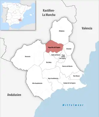 Die Lage der Comarca Vega Alta del Segura in der autonomen Gemeinschaft Murcia