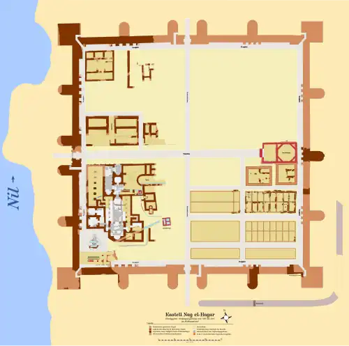Weiterentwicklungen: Das um 300 n.&nbsp;Chr. in Ägypten errichtete rückwärtige Limeskastell Nag el-Hagar mit seiner spätantiken Palastanlage und einer ungewöhnlichen Principia mit oktogonalem Fahnenheiligtum