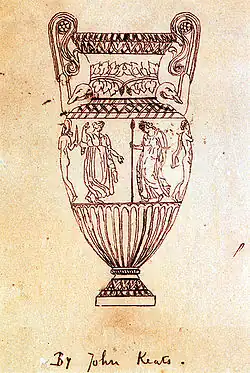 Eine Zeichnung von John Keats, die eine hohe Urne mit verschnörkelten Griffen zeigt. Der mittlere Berich ist mit menschlichen Figuren verziert. Von links nach rechts ein nackter Mann mit Helm und Schwert, eine tanzende Frau in einem fließenden Gewand, eine gebeugt gehende Frau mit einem Speer in der Hand und einen nackten Mann, dem ein Mantel über die Schulter hängt. Unter der Zeichnung ist handschriftlich „By John Keats“ vermerkt.