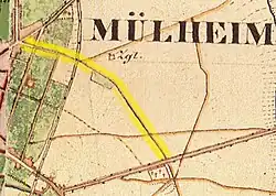 Handgezeichnete Karte von Mülheim mit einem gelb markierten Straßenverlauf