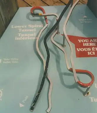Modell des Big Hill Schwarz: alte Strecke Grau: neue Strecke mit den Kehrtunneln in rot
