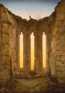 Ruine der Klosterkirche im Jahr 2010 und in Öl gezeichnet von Caspar David Friedrich um das Jahr 1812
