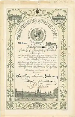 Aktie der A/S Kjøbenhavns Sommer-Tivoli über 500 Kronen, ausgestellt im November 1918 in Kopenhagen, verziert mit der Büste des Tivoli-Gründers Georg Carstensen