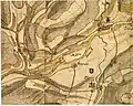 Aarelandschaft bei Klingnau und Koblenz auf der Karte der Zürcher Landschaft von Hans Conrad Gyger, von Westen; links: Mündung der Aare in den Rhein (1667)