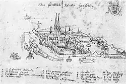«Das fürstliche Kloster Einsidlen». Ansicht der alten Klostergebäude, 1630