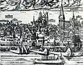 Anton Woensam, Ausschnitt aus „Große Ansicht von Köln“: St. Maria im Kapitol (noch mit Westturm) und Klein St. Martin