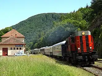 Sonderzug von Budapest nach Banská Štiavnica, Durchfahrt im Bahnhof Kozelník am 8. Juni 2013.