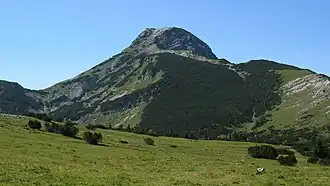 Der Kreuzgipfel (1911&nbsp;m&nbsp;ü.&nbsp;A.) des Hochstadls, höchsten Gipfels der Kräuterin, von Nordosten gesehen.