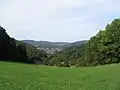 Blick vom Eselstein über das Brombachtal zum Höhenzug Krehberg-Lindenfels