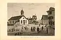 Die alte Kreuzkirche von 1611 um 1835 von Süden. Nach links verläuft heute die Kreuzbühlstrasse. Die Kutsche kommt aus der Klosbachstrasse.