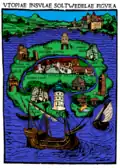 Der Flyer zur Wagen & Winnen-Kunstausstellung 2022 in der Kultur-Nische ist vom Buchcover von Thomas Morus’ Roman Utopia (1516) inspiriert und zeigt verschiedene Orte in Salzwedel, darunter die Gebäude der Kultur-Nische