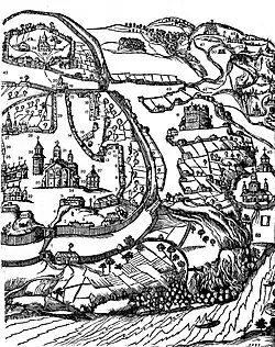 Athanase Kalnofoïski: Plan mit dem Kiewer Höhlenkloster und Einsiedeleien in der Umgebung, 1638