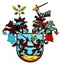 Gemehrtes Wappen der Lónyay mit zwei Helmen: 1. Zusatzhelm, 2. Helm mit Helmzier des Stammwappens