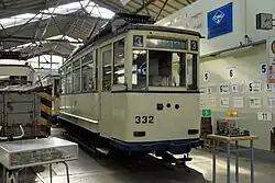 B-Ende des funktio­nalen Einrich­tungs­trieb­wagens 332, Zustand nach 1984 ohne Scheinwerfer im Straßenbahn­museum Kappel