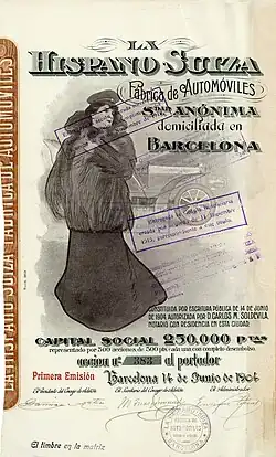Gründungsaktie der La Hispano Suiza Fábrica de Automóviles über 500 Peseten, ausgestellt in Barcelona am 14. Juni 1904, im Original unterschrieben von Damián Mateu, Mitbegründer, Präsident und Financier des Unternehmens