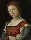 Porträt mit Schoßhund von Lorenzo Costa (Hofmaler), Royal Collection Schloß Windsor, ca. 1505