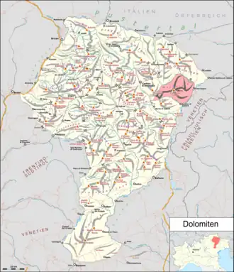 Marmarole in Rot dargestellt auf der Dolomitenkarte